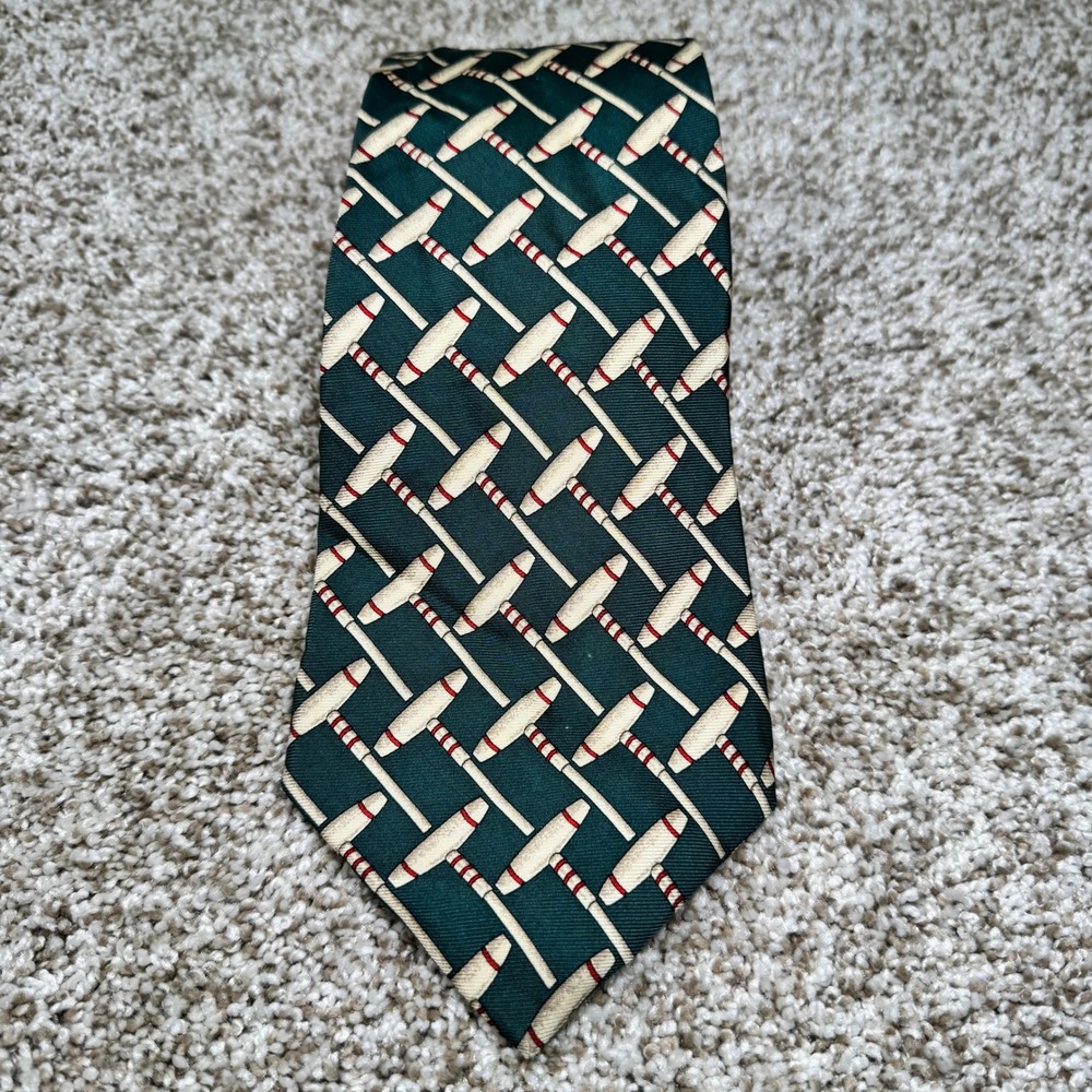 Polo Ralph Lauren Mens Silk Tie Green Cream Red Mallet Print USA Made